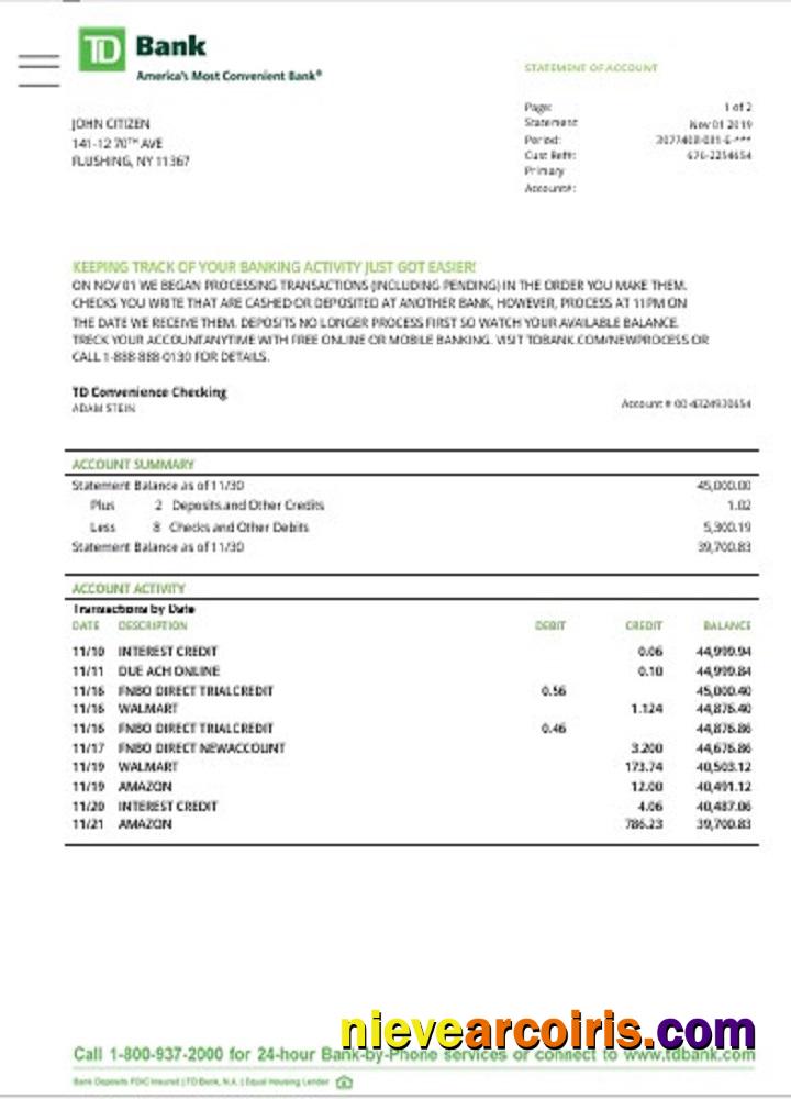 USA TD bank statement, Word and PDF format (.doc and .pdf)